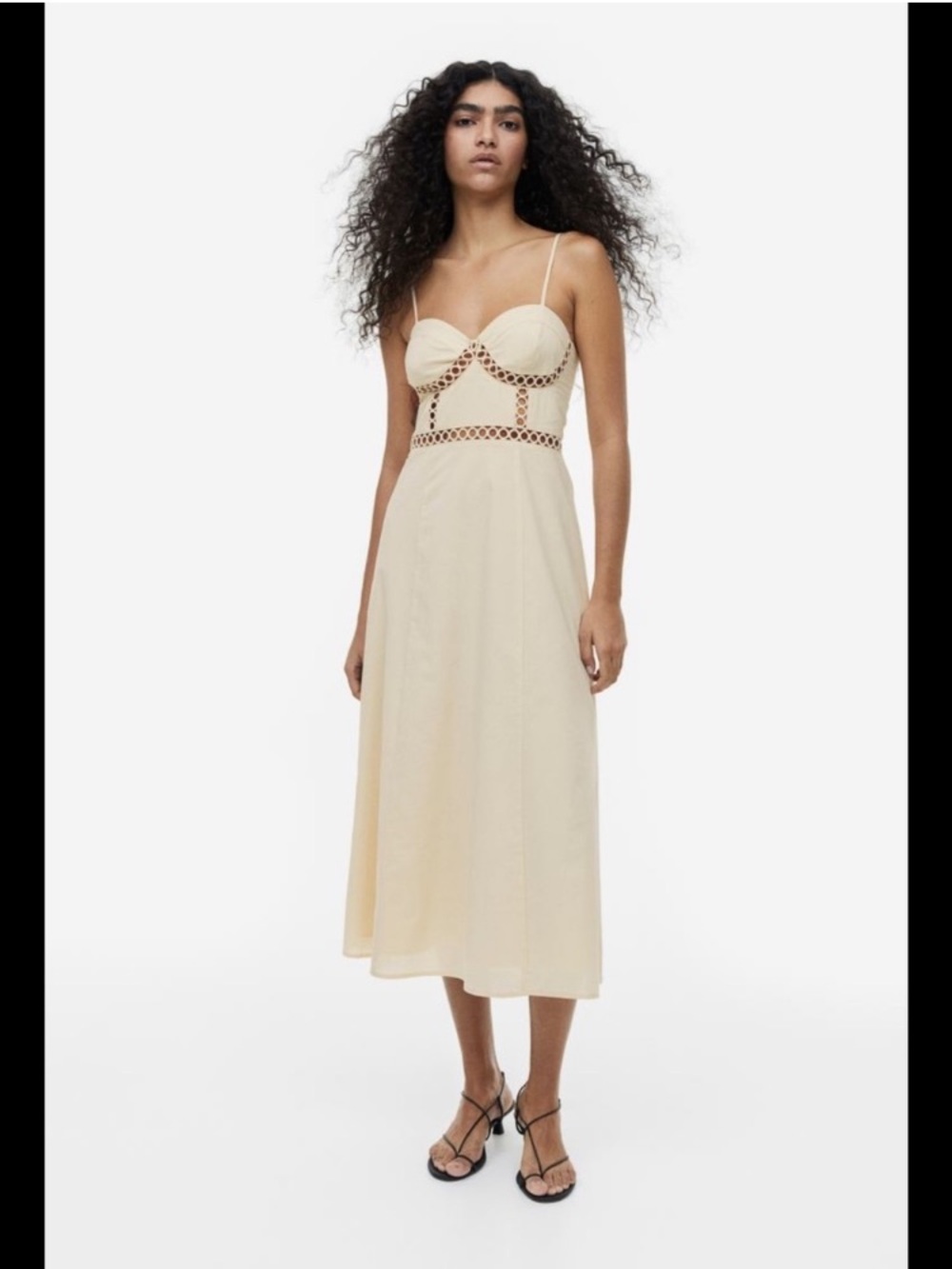 SHEIN Cream Midi Dress with Lattice Cutout and Spaghetti Straps